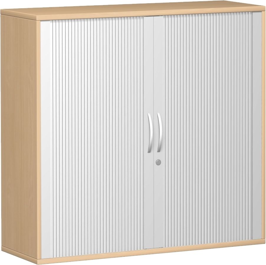 Querrollladenschrank, Dekoreinlageboden, Metallsockel/Standfüße, abschließbar, 1.152 x 1.000 x 425 mm (HxBxT), Korpusfarbe Ahorn, Frontfarbe silber