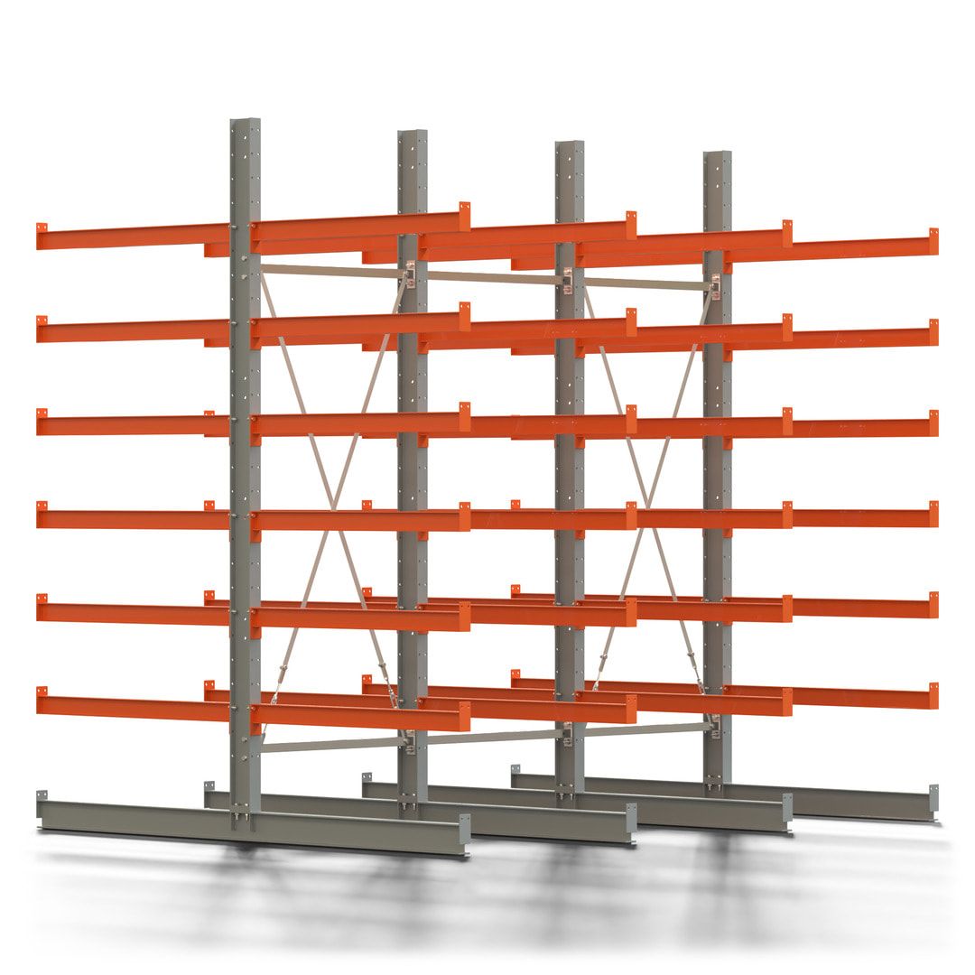 Doppelseitiges Kragarmregal, 2 Felder, 3.000 x 2.000 x 1.120 mm (HxBxT), Nutztiefe 500 mm, Kragarmlast 870 kg, KARL basic, silbergrau/reinorange