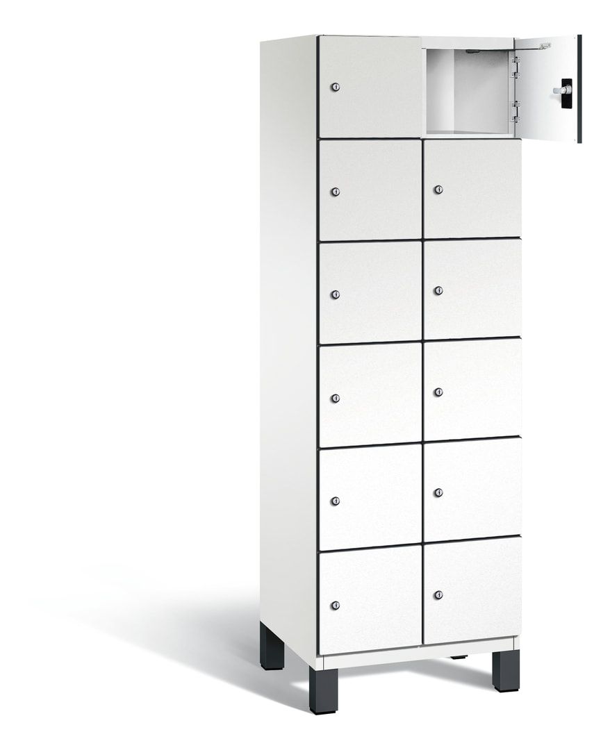 Fächerschrank, Stahlschrank, 12 Fächer, Türöffnungsbegrenzer, Füße, 1.980 x 600 x 525 mm, Korpus anthrazitgrau, Dekorfront HPL Donau-Ahorn