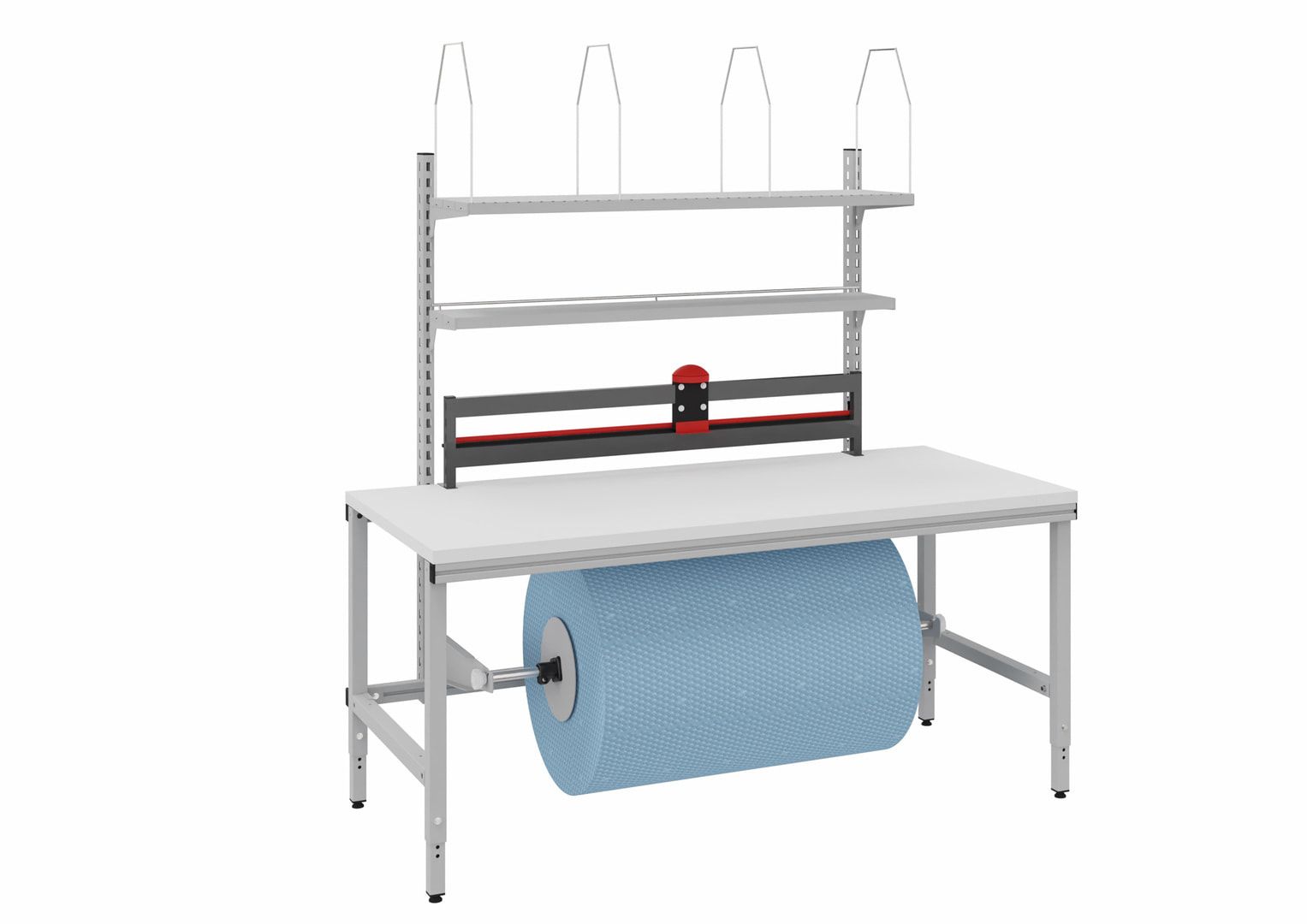 OTTOKIND Packtisch, manuell höhenverstellbar 718 - 1.018 mm, 1.685 x 800 mm (BxT), Rollenhalter, Schneidevorrichtung, 2 Ablageböden