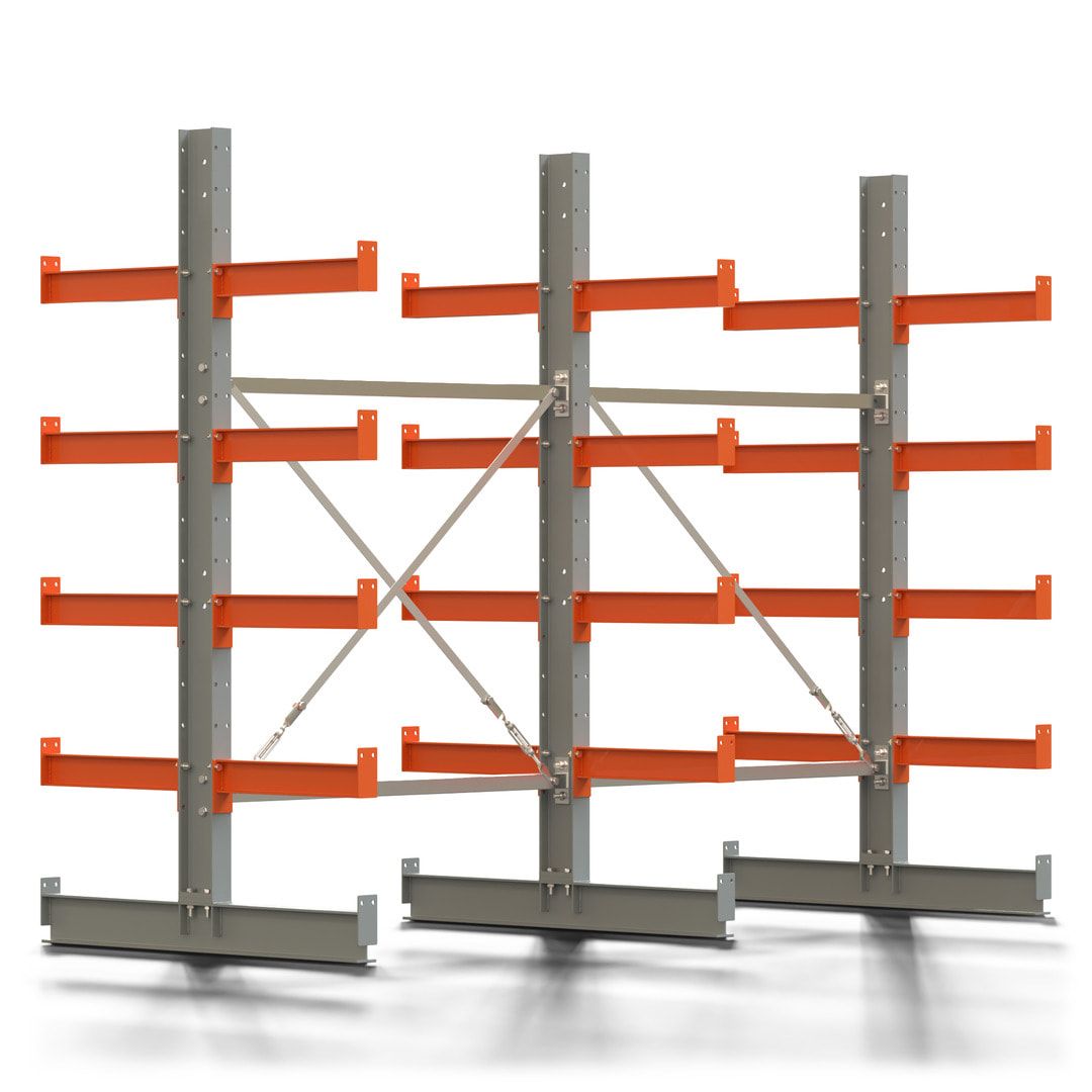 Doppelseitiges Kragarmregal, 2 Felder, 2.000 x 2.560 x 1.120 mm (HxBxT), Nutztiefe 500 mm, Kragarmlast 870 kg, KARL basic, silbergrau/reinorange