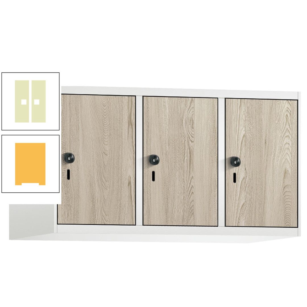 Aufsatzschrank, Schrankaufsatz, 3 Fächer a 300 mm, Farbe Pastellgelb, Tür anthrazitgrau, 500 x 900 x 500 mm (HxBxT)