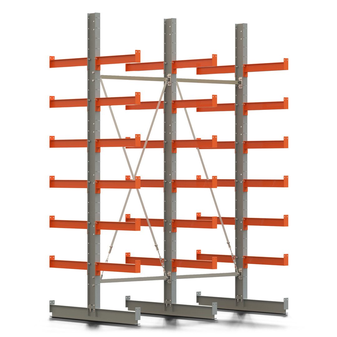 Doppelseitiges Kragarmregal, 2 Felder, 3.000 x 2.000 x 1.120 mm (HxBxT), Nutztiefe 500 mm, Kragarmlast 870 kg, KARL basic, silbergrau/reinorange