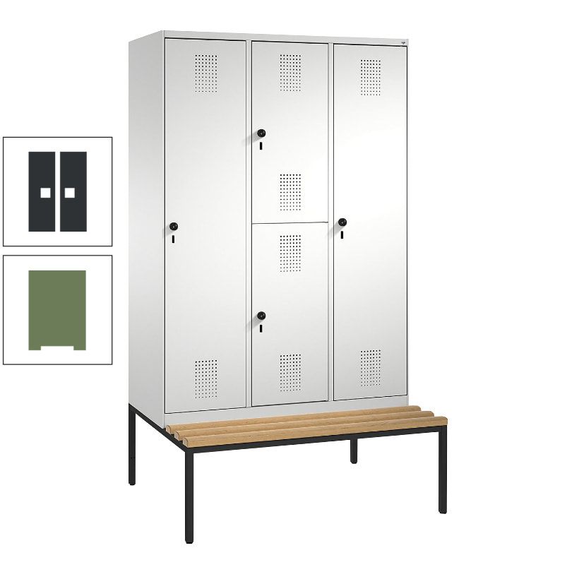 Garderobenschrank, Spind ein- und doppelstöckig Sitzbank, 3 Abteile, 4 Fächer, 2.090x1.200x500 mm (HxBxT), Front anthrazitgrau, Korpus anthrazitgrau