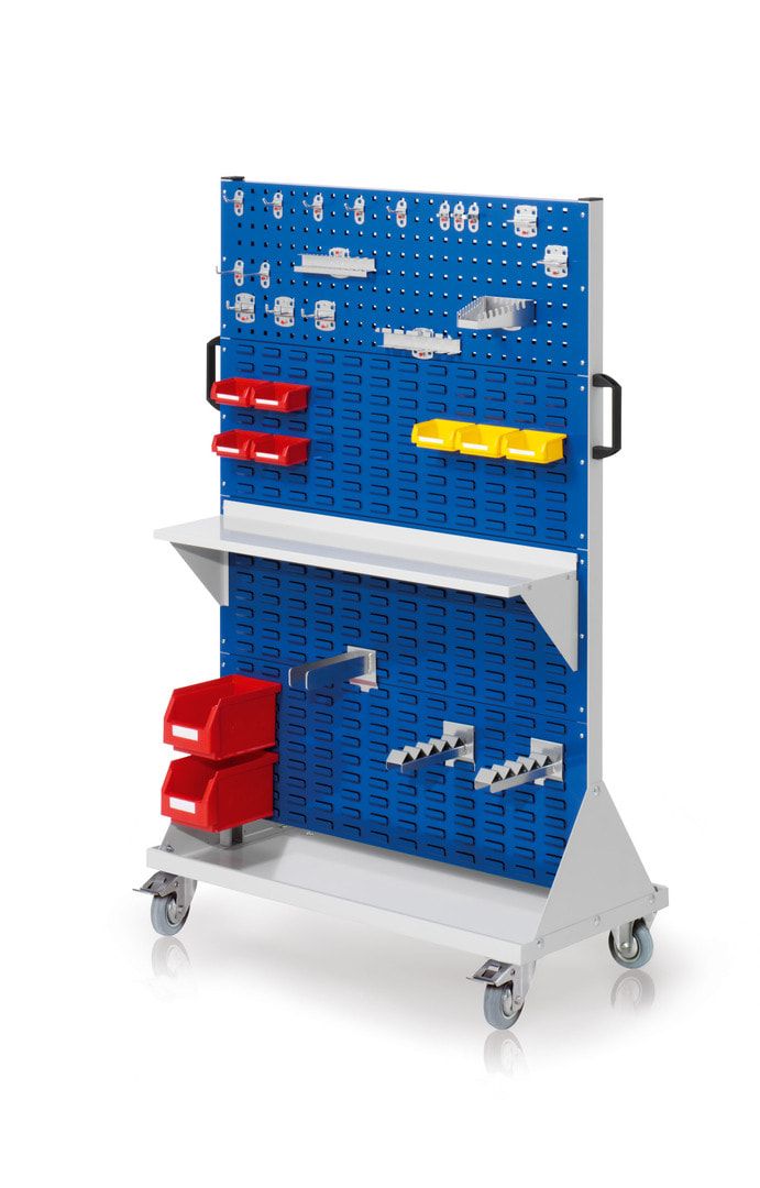 Mobiler Rollwagen, 2 Loch- und 6 Schlitzplatten, 18 Halter, 9 Sichtlagerkästen, Boden, Träger, 1.580 x 1.000 x 500 mm (HxBxT), Anthrazitgrau (RAL7016)