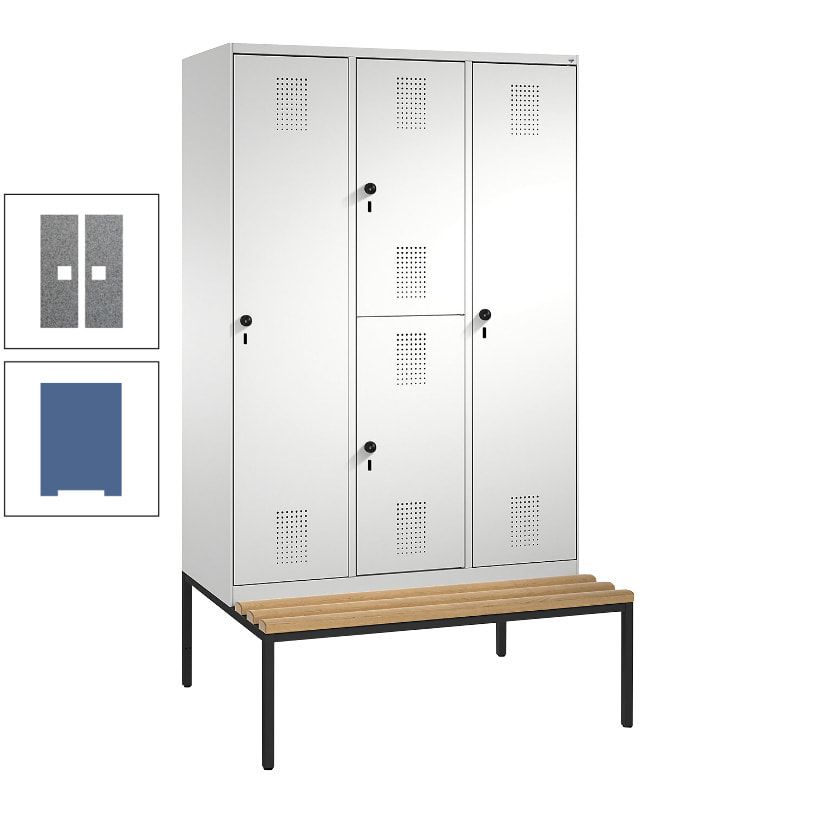 Garderobenschrank, Spind ein- und doppelstöckig Sitzbank, 3 Abteile, 4 Fächer, 2.090x1.200x500 mm (HxBxT), Front anthrazitgrau, Korpus anthrazitgrau