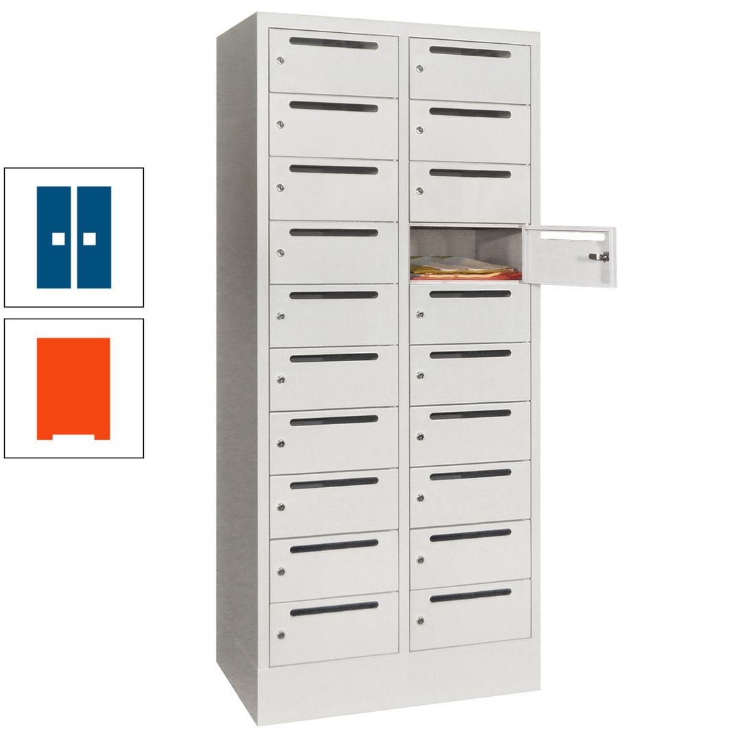 Postverteilerschrank, Schließfachschrank, 2 Abteile a 400 mm, 20 Fächer, 1.850 x 800 x 500 mm (HxBxT), Korpus anthrazitgrau, Front anthrazitgrau