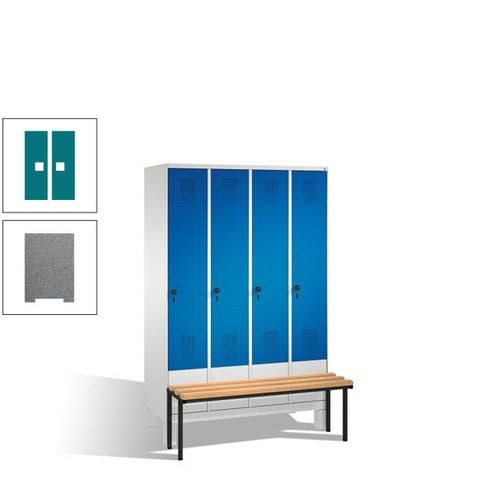 Stahl-Garderobenschrank, Spind, Buche Sitzbank vorgebaut, 4 Abteile a 300 mm, Korpus Lichtgrün, Tür Schwefelgelb, 1.850 x 1.200 x 815 mm (HxBxT)