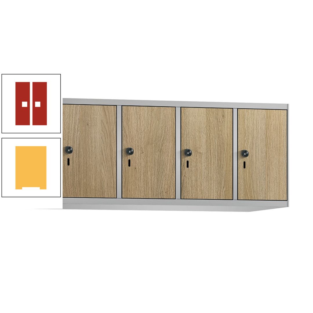 Aufsatzschrank, Schrankaufsatz, 4 Fächer a 300 mm, Farbe Pastellgelb, Tür anthrazitgrau, 500 x 1.200 x 500 mm (HxBxT)