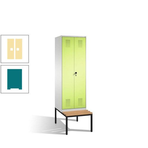 Doppel-Spind, Garderobenschrank, Buche Sitzbank untergebaut, 2 Abteile a 300 mm, Korpus anthrazitgrau, Tür anthrazitgrau, 2.090 x 600 x 815 mm (HxBxT)