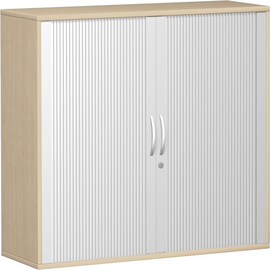 Querrollladenschrank, Dekoreinlageboden, Metallsockel/Standfüße, abschließbar, 1.152 x 1.000 x 425 mm (HxBxT), Korpusfarbe Ahorn, Frontfarbe silber