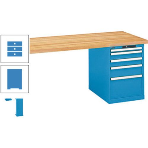 Werkbank, Buche Arbeitsplatte - Code Lock - Tragkraft 1.000 kg - 850 x 2.000 x 800 mm (HxBxT) - 4 Schubladen - Capriblau
