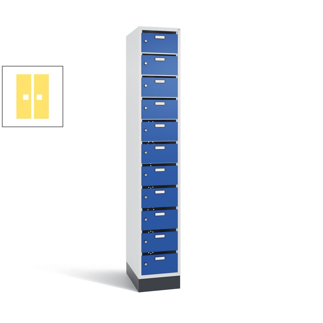 Postverteilerschrank, Schließfachschrank, mit Sockel, 11 Fächer, 1.950 x 320 x 500 mm (HxBxT), Korpus lichtgrau, Tür anthrazitgrau