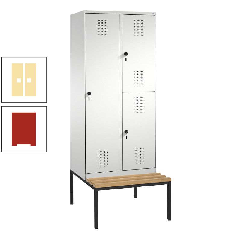 Garderobenschrank, Spind ein- und doppelstöckig Sitzbank, 2 Abteile, 3 Fächer, 2.090 x 800 x 500 mm (HxBxT), Front anthrazitgrau, Korpus anthrazitgrau