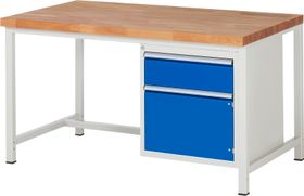 Werkbank, 1 Schrank - 1 Schublade - Teilauszug - 180:1 - Höhe 840-1.040 mm - 1.500 x 900 mm - 1.250 kg - Buche - Farbe wählbar