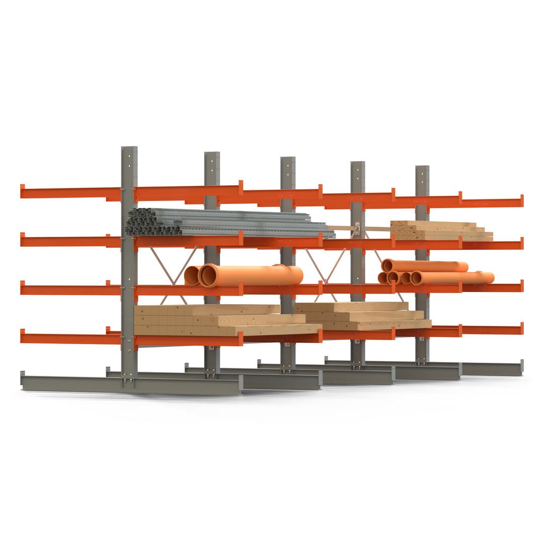 Doppelseitiges Kragarmregal, 2 Felder, 2.000 x 2.560 x 1.120 mm (HxBxT), Nutztiefe 500 mm, Kragarmlast 870 kg, KARL basic, silbergrau/reinorange