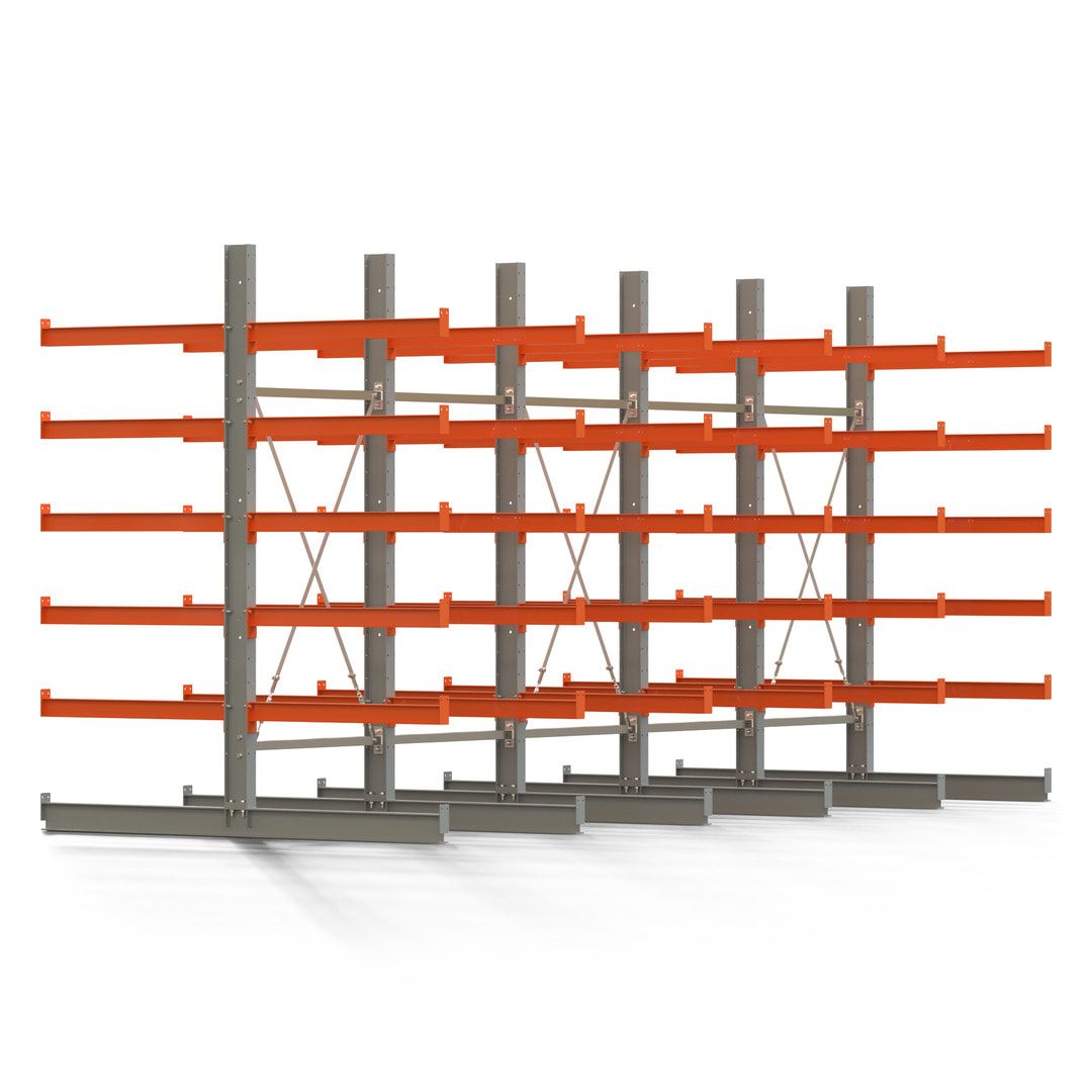 Doppelseitiges Kragarmregal, 2 Felder, 2.500 x 2.000 x 1.120 mm (HxBxT), Nutztiefe 500 mm, Kragarmlast 870 kg, KARL basic, silbergrau/reinorange