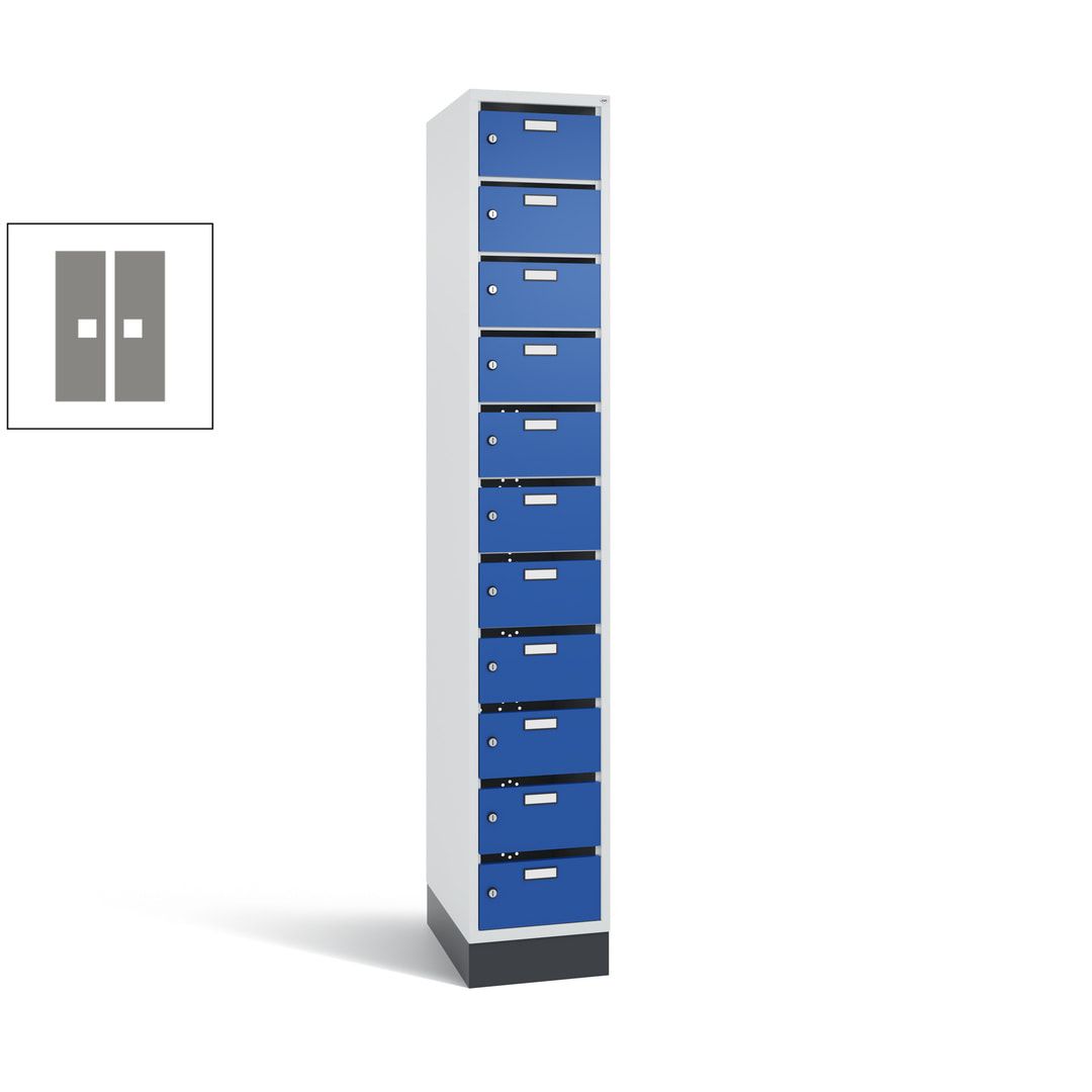 Postverteilerschrank, Schließfachschrank, mit Sockel, 11 Fächer, 1.950 x 320 x 500 mm (HxBxT), Korpus lichtgrau, Tür anthrazitgrau