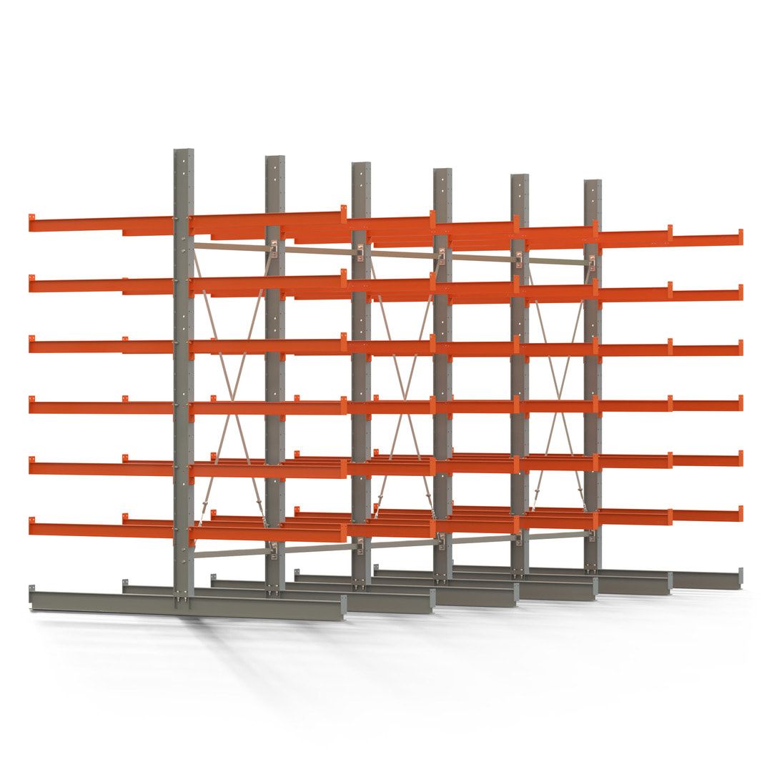 Doppelseitiges Kragarmregal, 2 Felder, 3.000 x 2.000 x 1.120 mm (HxBxT), Nutztiefe 500 mm, Kragarmlast 870 kg, KARL basic, silbergrau/reinorange