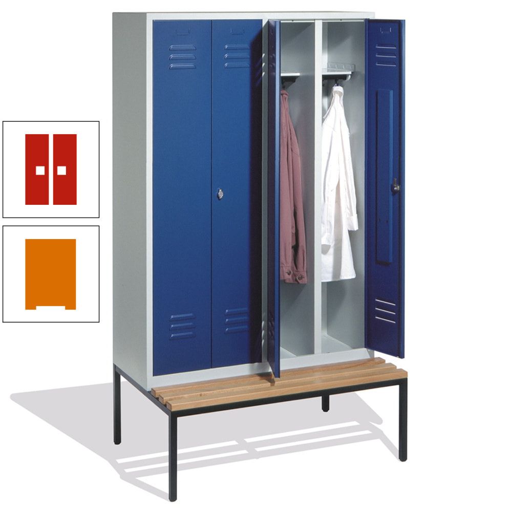 Doppel-Spindschrank, Buche Sitzbank untergebaut, 4 Abteile a 300 mm, Korpus lichtgrau, Tür anthrazitgrau, 2.090 x 1.190 x 815 mm (HxBxT)