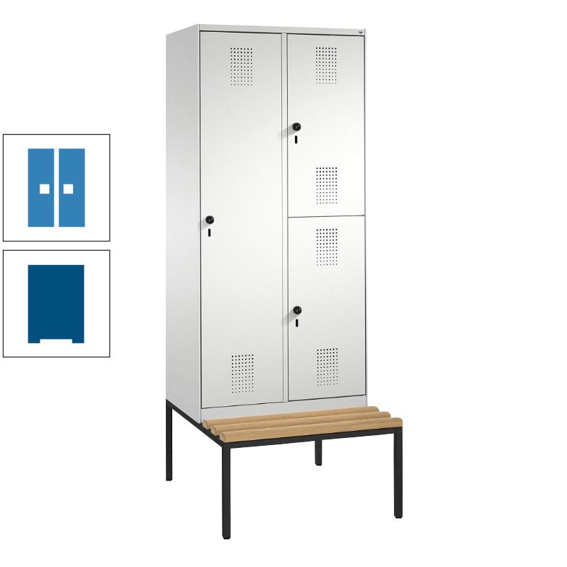 Garderobenschrank, Spind ein- und doppelstöckig Sitzbank, 2 Abteile, 3 Fächer, 2.090 x 800 x 500 mm (HxBxT), Front anthrazitgrau, Korpus anthrazitgrau