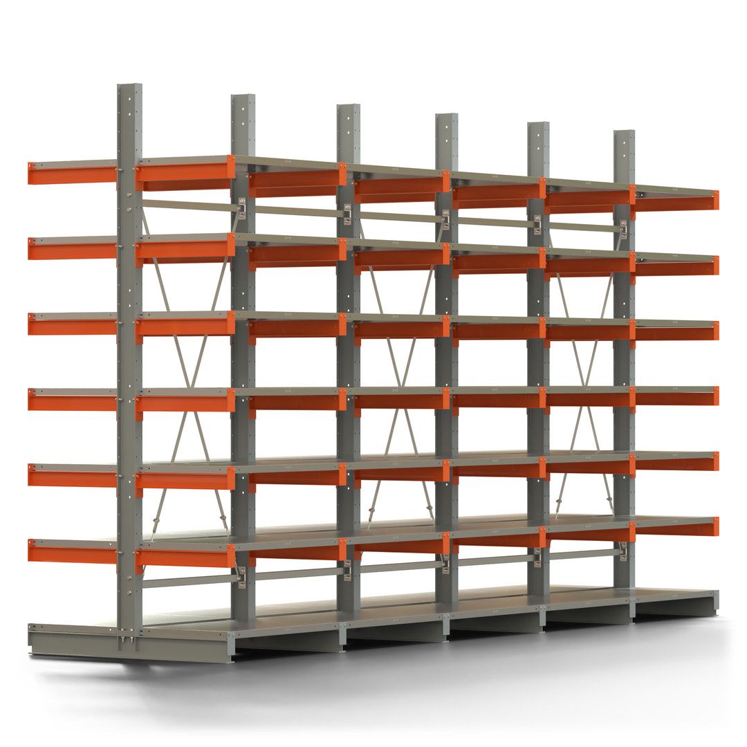 Doppelseitiges Kragarmregal mit Fachböden, 2 Felder, 3.000 x 2.000 (HxB), Nutztiefe 1.000 mm, Kragarmlast 450 kg, KARL basic, silbergrau/reinorange