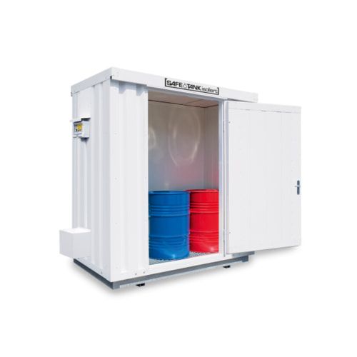 Isolierter Gefahrstoffcontainer - 2.520 x 2.100 x 1.140 mm (HxBxT) - Auffangvolumen 275 l - mit Dauerlüfter - asymmetrische Doppelflügeltür