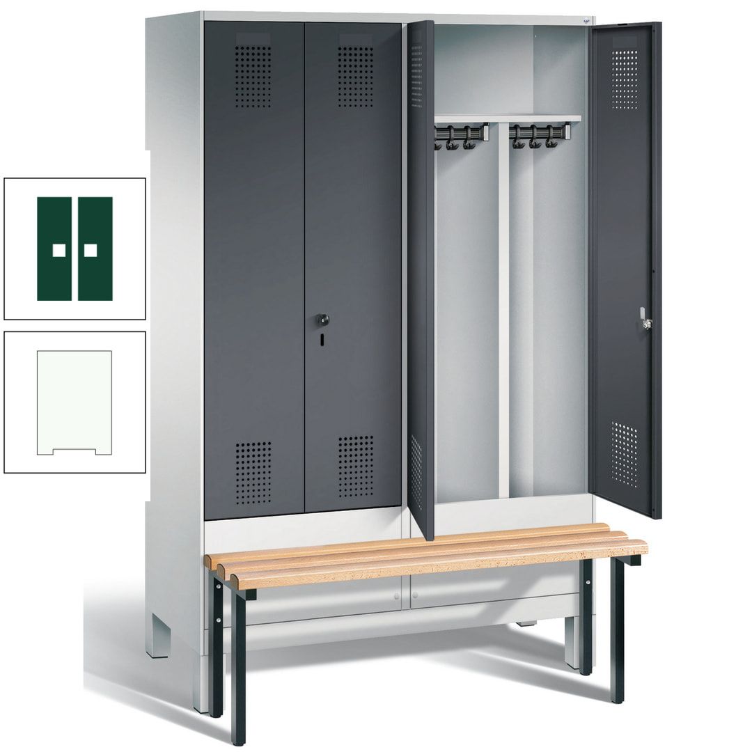 Doppel-Spind, Garderobenschrank, Buche Sitzbank vorgebaut, 4 Abteile a 300 mm, Korpus feuerrot, Tür Wasserblau, 1.850 x 1.200 x 815 mm (HxBxT)
