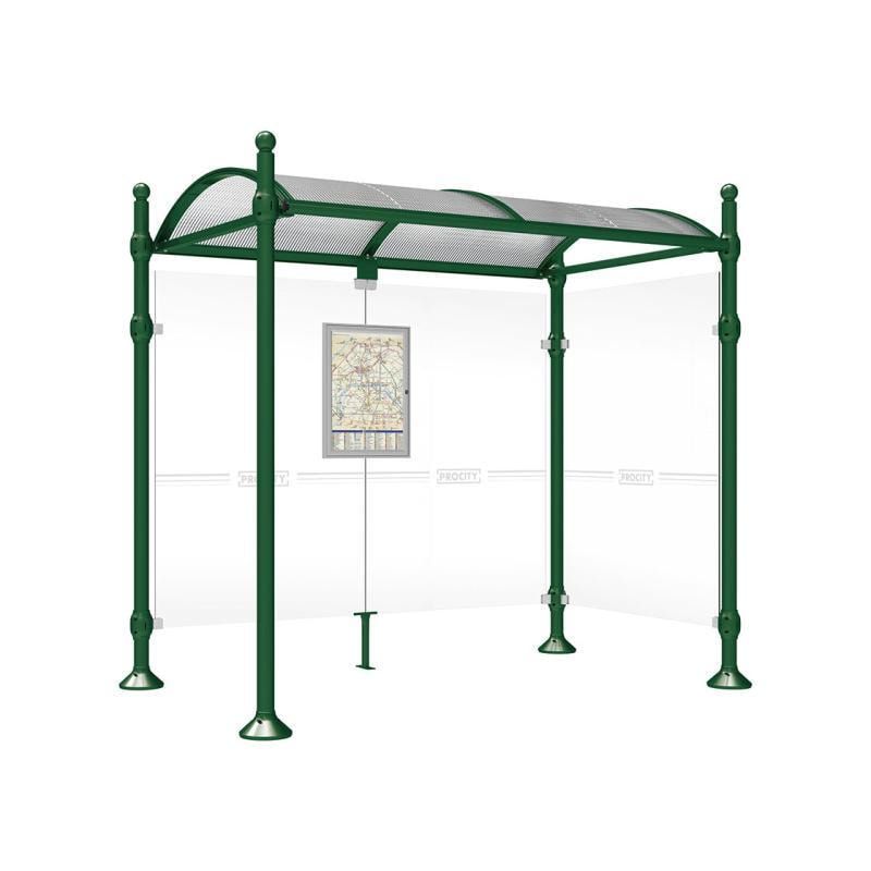Buswartehalle, Unterstand, 2 Seitenwände, Kopf gebürsteter Edelstahl, ESG, Fahrplanschaukasten, 2.500 x 2.500 x 1.600 mm (HxBxT), Farbe enzianblau