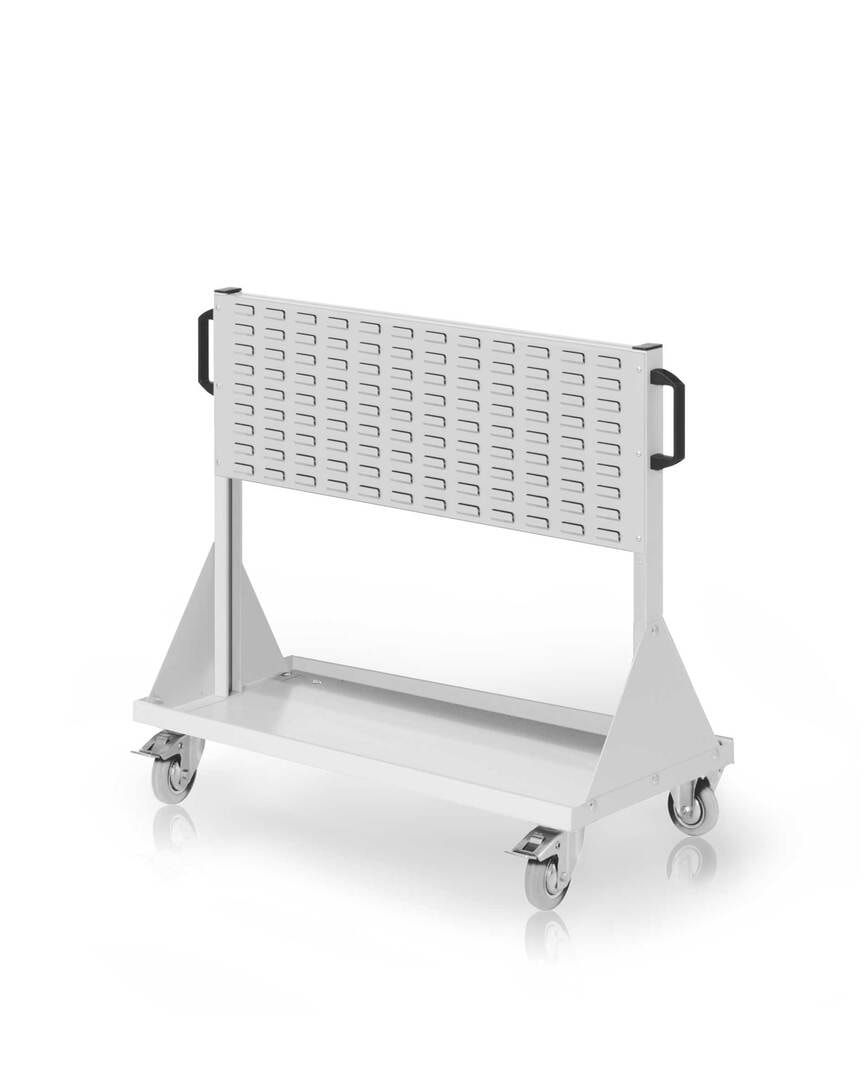 Mobiler Rollwagen, 2 Schlitzplatten, 6 Sichtlagerkästen, 3 Transportbehälter, Wellenträger, 890 x 1.000 x 500 mm (HxBxT), Anthrazitgrau (RAL 7016)