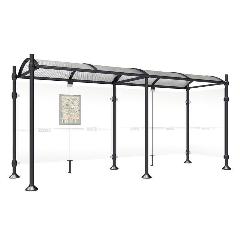 Buswartehalle, Unterstand, 2 Seitenwände, Kopf gebürsteter Edelstahl, ESG, Fahrplanschaukasten, 2.500 x 2.500 x 1.600 mm (HxBxT), Farbe enzianblau