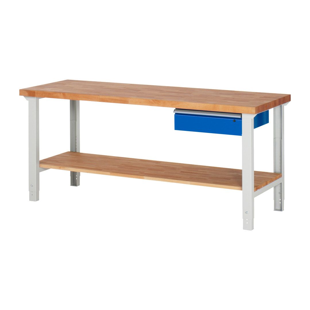 Werkbank mit Ablage - 1 Schublade - 150:1 - höhenverstellbar 790 - 1.140 mm - 2.000 x 700 mm (BxT) - 750 kg - Buche - Anthrazitgrau