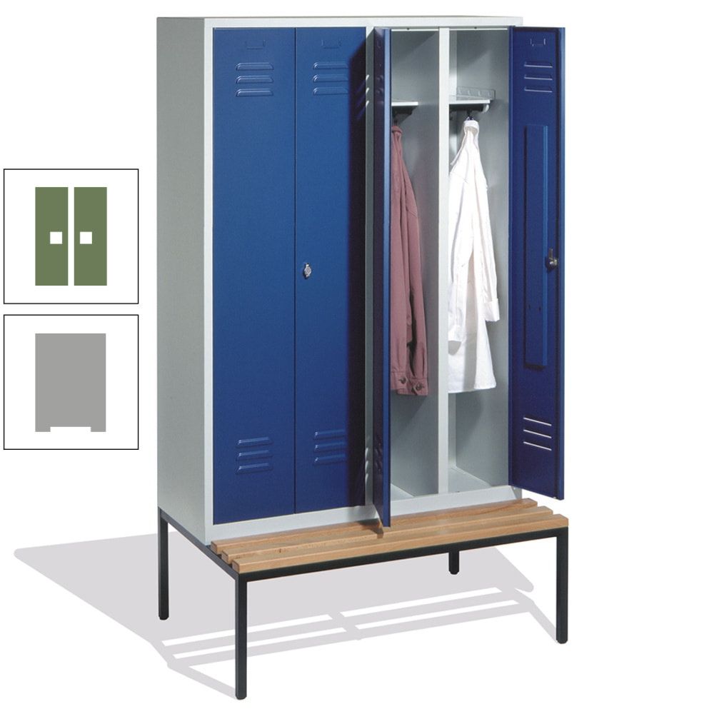 Doppel-Spindschrank, Buche Sitzbank untergebaut, 4 Abteile a 300 mm, Korpus lichtgrau, Tür anthrazitgrau, 2.090 x 1.190 x 815 mm (HxBxT)