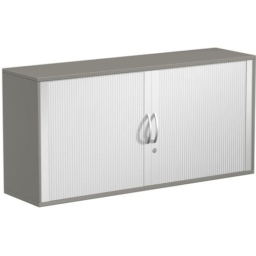 Querrollladenschrank, Dekoreinlageboden, Metallsockel/Standfüße, abschließbar, 768 x 1.000 x 425 mm (HxBxT), Korpusfarbe Ahorn, Frontfarbe silber