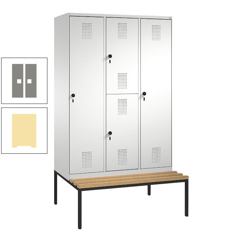 Garderobenschrank, Spind ein- und doppelstöckig Sitzbank, 3 Abteile, 4 Fächer, 2.090x1.200x500 mm (HxBxT), Front anthrazitgrau, Korpus anthrazitgrau