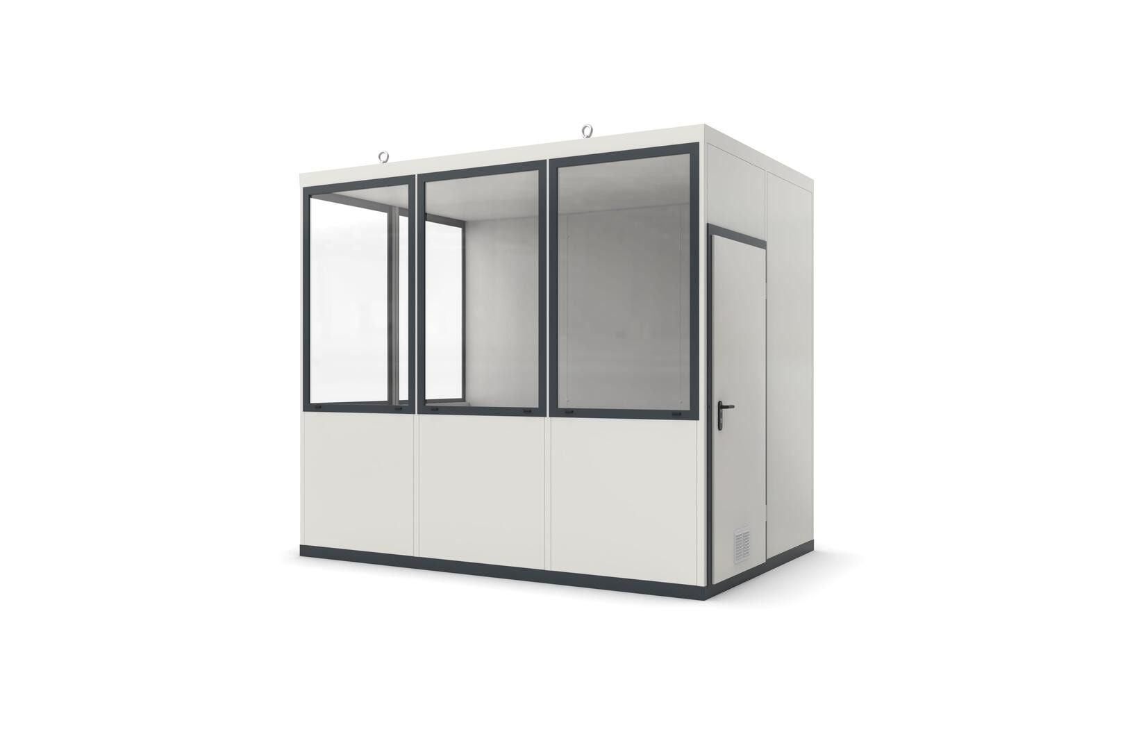 Bürocontainer, Aufsichtsstand, Meisterbüro, Lagerhallenbüro, mobil, für Innen, 2.620 x 3.045 x 2.045 mm (HxBxT), 6,22 qm, ohne Fußboden