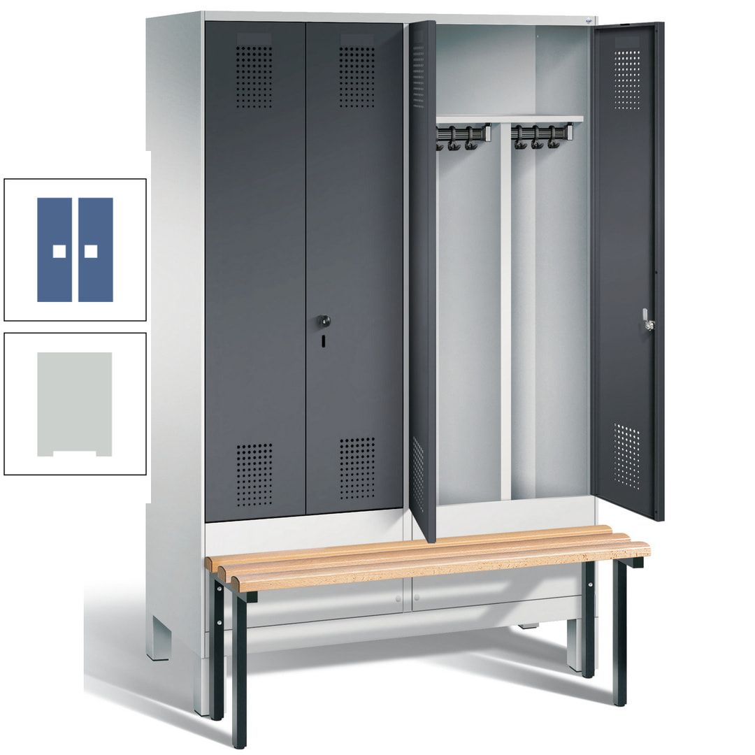 Doppel-Spind, Garderobenschrank, Buche Sitzbank vorgebaut, 4 Abteile a 300 mm, Korpus feuerrot, Tür Wasserblau, 1.850 x 1.200 x 815 mm (HxBxT)