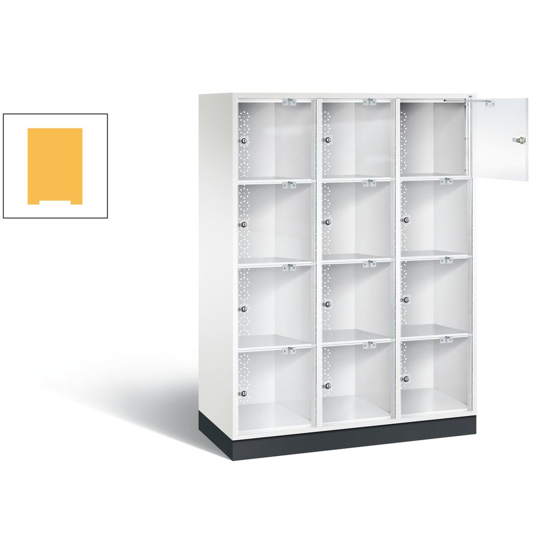 Schließfachschrank, Fächerschrank mit Türen aus Acrylglas, 3 Abteile, 12 Fächer, Zylinderschloss, 1.750 x 1.220 x 500 mm (HxBxT), Korpus anthrazitgrau