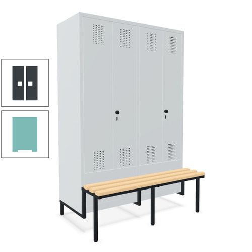Doppel-Spind, Garderobenschrank, Buche Sitzbank integriert, 4 Abteile 300 mm, Korpus anthrazitgrau, Tür anthrazitgrau, 1.850 x 1.200 x 815 mm (HxBxT)