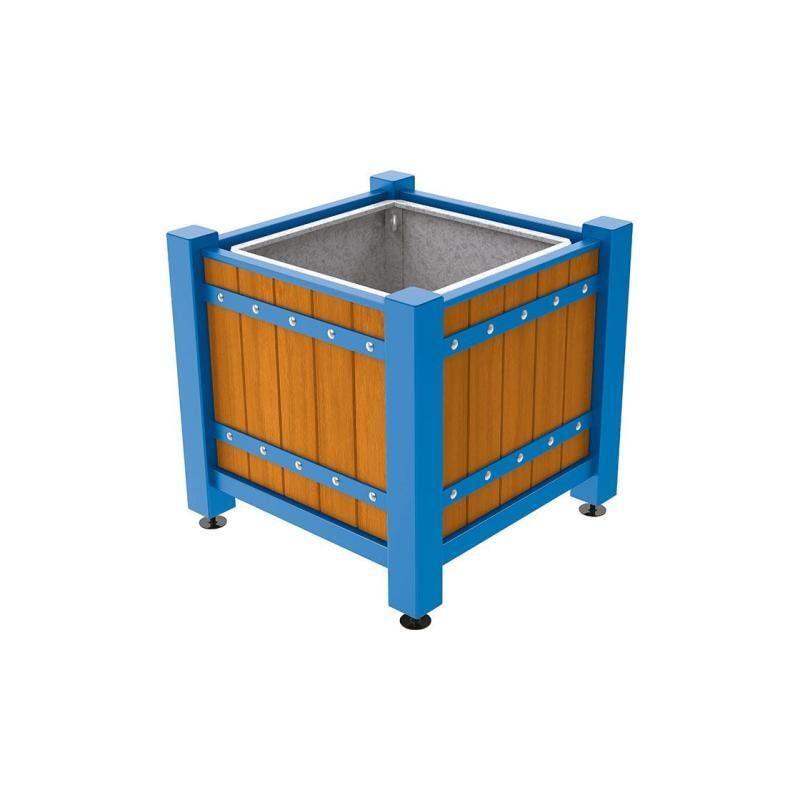 Pflanzbehälter, Pflanzgefäß, verzinkt, Eichenholzverkleidung, innen feuerverzinkt mit Verladungsgriffen , 855 x 880 x 880 mm(HxBxT), enzianblau
