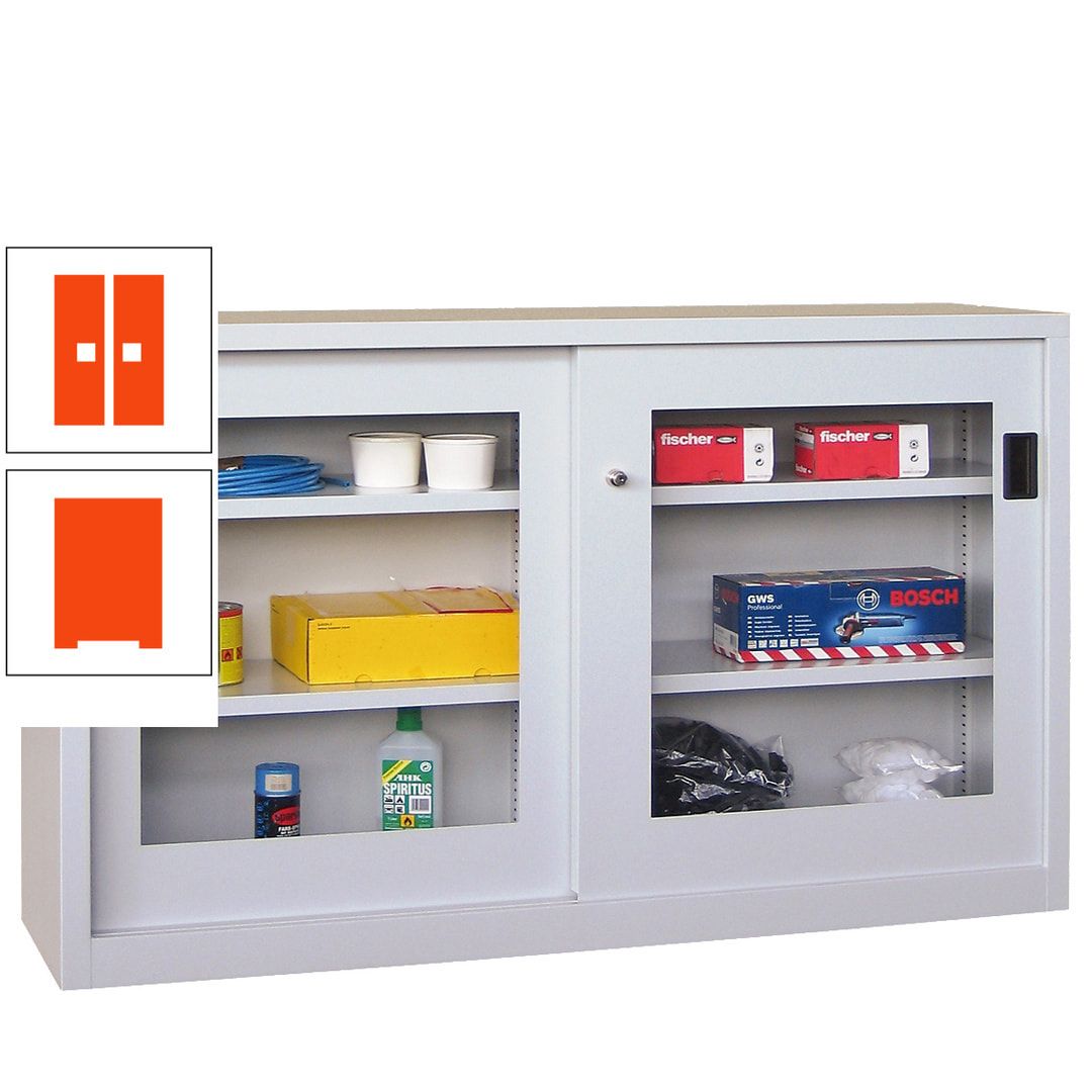 Schiebetürenschrank - Sichtfenstertüren - 1.000x1.500x600 mm (HxBxT) - 4 Böden, verzinkt - Zylinderschloss - anthrazitgrau