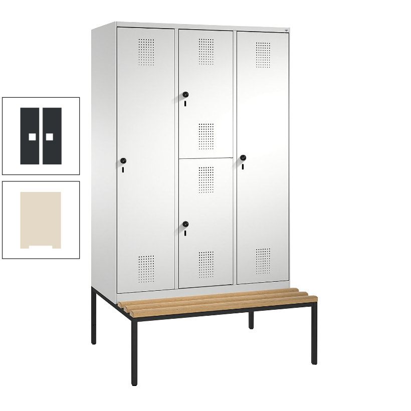 Garderobenschrank, Spind ein- und doppelstöckig Sitzbank, 3 Abteile, 4 Fächer, 2.090x1.200x500 mm (HxBxT), Front anthrazitgrau, Korpus anthrazitgrau