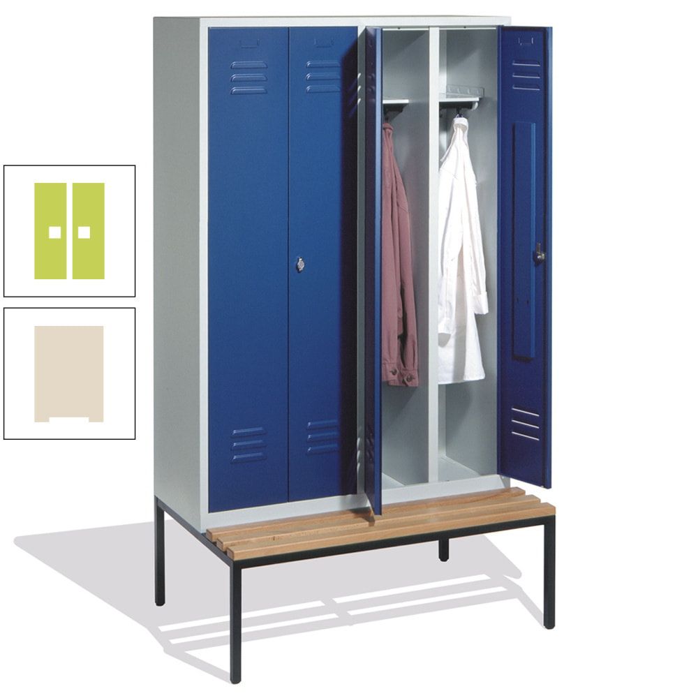 Doppel-Spindschrank, Buche Sitzbank untergebaut, 4 Abteile a 300 mm, Korpus lichtgrau, Tür anthrazitgrau, 2.090 x 1.190 x 815 mm (HxBxT)