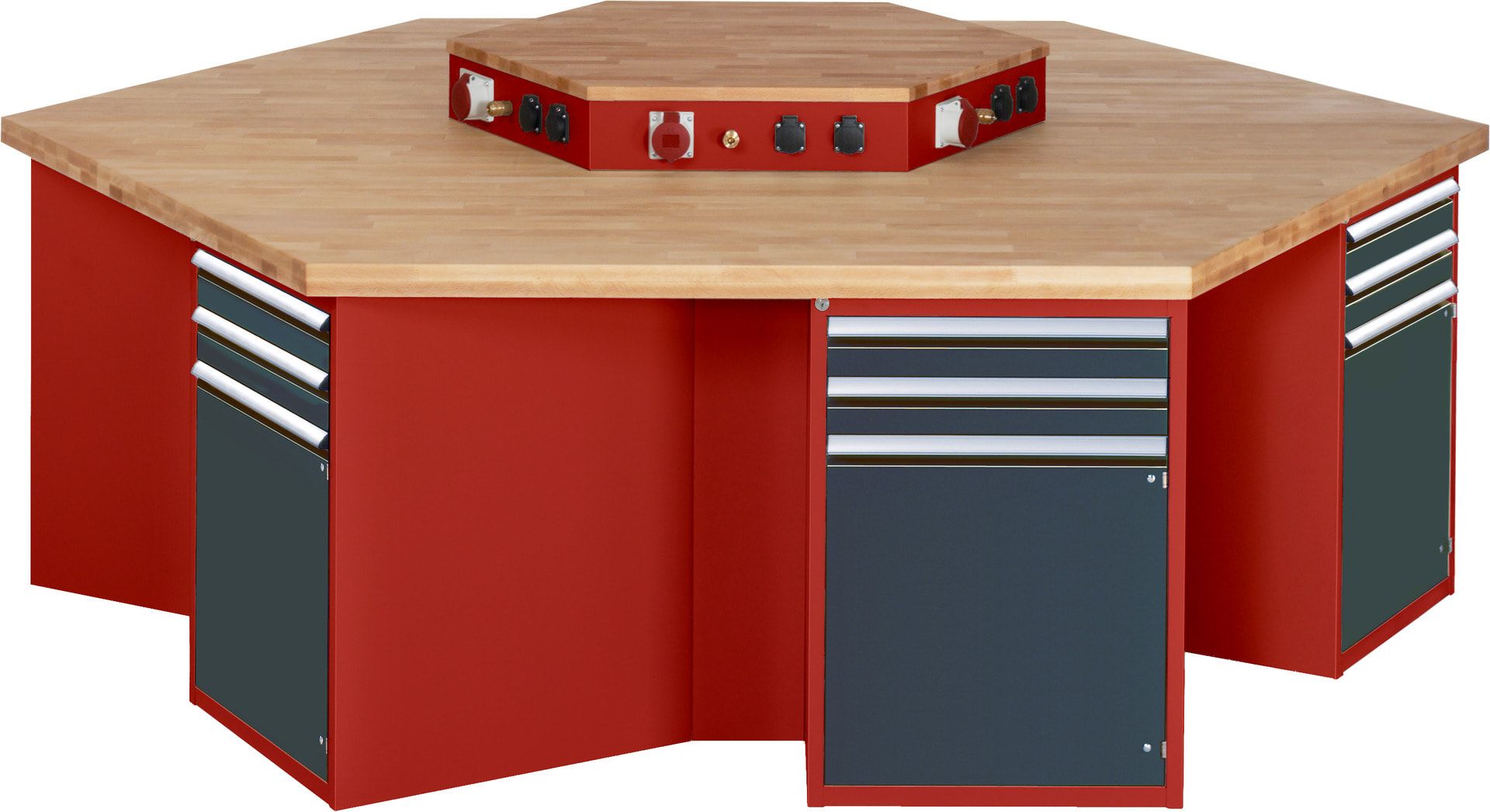 Gruppenwerkbank, Buche, Höhe 840 mm, mit Energieaufsatz, Unterbau-Container, 2 Schubladen, 1 Tür, 1 Boden - Anthrazitgrau