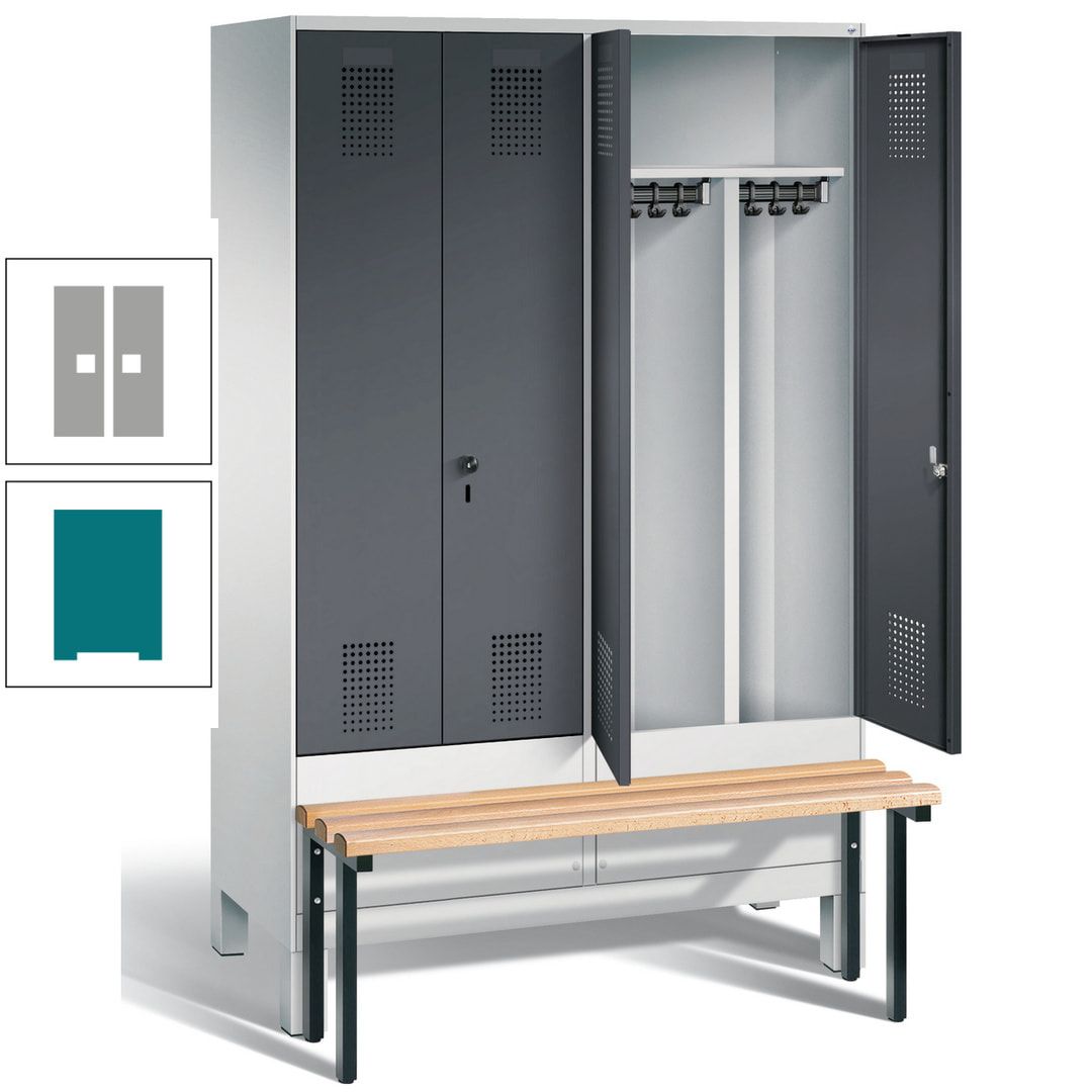 Doppel-Spind, Garderobenschrank, Buche Sitzbank vorgebaut, 4 Abteile a 300 mm, Korpus feuerrot, Tür Wasserblau, 1.850 x 1.200 x 815 mm (HxBxT)