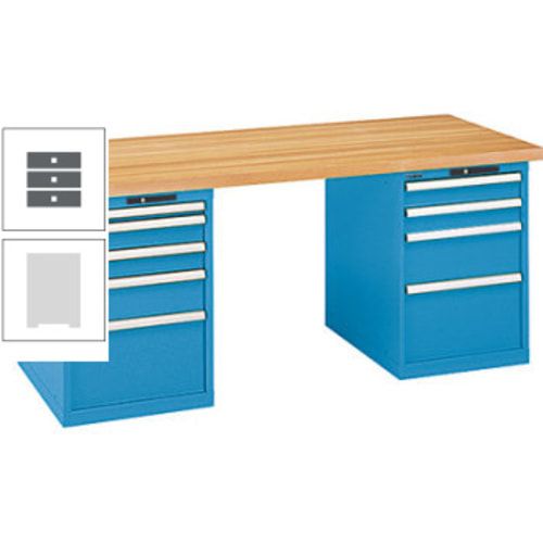 Werkbank, Buchenplatte - Code Lock - Tragkraft 1.000 kg - 850 x 2.000 x 800 mm (HxBxT) - 9 Schubladen - Capriblau