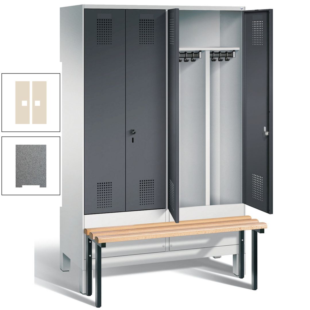 Doppel-Spind, Garderobenschrank, Buche Sitzbank vorgebaut, 4 Abteile a 300 mm, Korpus feuerrot, Tür Wasserblau, 1.850 x 1.200 x 815 mm (HxBxT)
