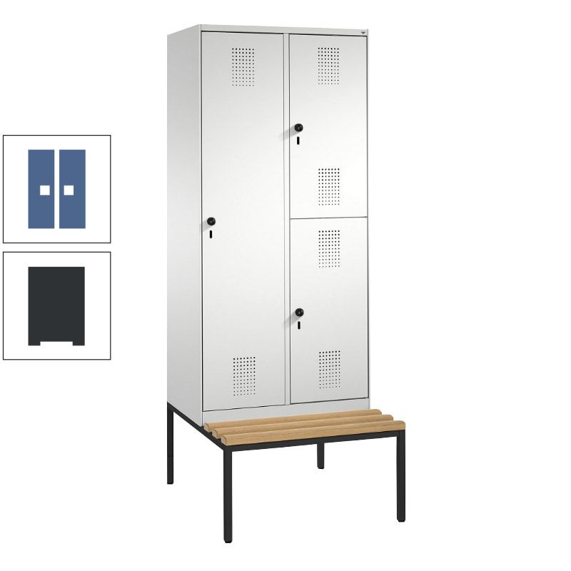 Garderobenschrank, Spind ein- und doppelstöckig Sitzbank, 2 Abteile, 3 Fächer, 2.090 x 800 x 500 mm (HxBxT), Front anthrazitgrau, Korpus anthrazitgrau