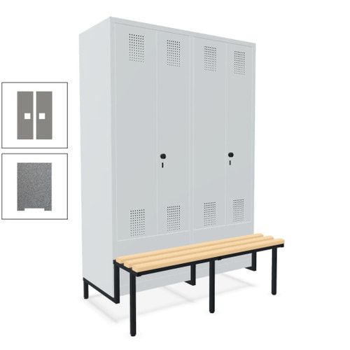 Doppel-Spind, Garderobenschrank, Buche Sitzbank integriert, 4 Abteile 300 mm, Korpus anthrazitgrau, Tür anthrazitgrau, 1.850 x 1.200 x 815 mm (HxBxT)