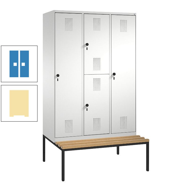 Garderobenschrank, Spind ein- und doppelstöckig Sitzbank, 3 Abteile, 4 Fächer, 2.090x1.200x500 mm (HxBxT), Front anthrazitgrau, Korpus anthrazitgrau